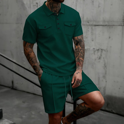 Summer Men's Waffle Knit 2 Piece Outfit Short Sleeve Polo with Pockets & Casual Shorts Set