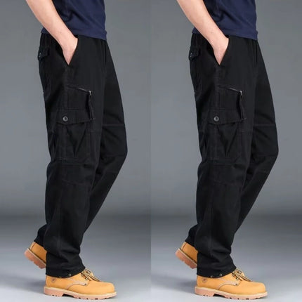 Men's Workwear Pants Multiple Pockets Outdoor Casual Trousers Wear-Resistant Loose Straight Leg Long Pants High Waist Zipper