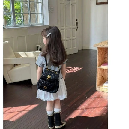 Girls' 1-12Y Korean-Style Knitted Lace-Trimmed Short-Sleeve Summer Ruched Tops: Trendy, Breathable, Bow Tie, Versatile Tee