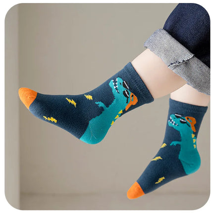 5 Pairs 1-12 Years Children's Cotton Socks Spring Autumn Cartoon Dinosaur Black White Grey Baby Girls Toddler Kids Boys Socks