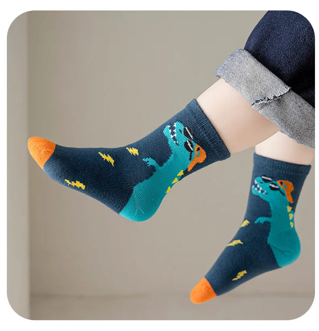 5 Pairs 1-12 Years Children's Cotton Socks Spring Autumn Cartoon Dinosaur Black White Grey Baby Girls Toddler Kids Boys Socks