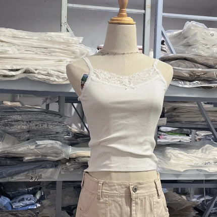 Sweet Solid Lace Trim Y2k Crop Top Casual White Ribbed Cotton Sleeveless Summer Camis Women Vintage Cute Slim Tank Tops 2023