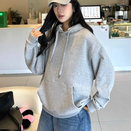 Women Casual Sports Drawstring Hoodie 2025 Autumn New Cotton Sweatshirt Fashion Classic Letter PulloverBlack Loose Hoodies