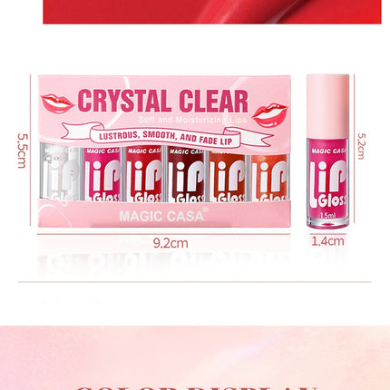 MAGIC CASA 6-Piece Set Water-Gloss Jelly Lip Oil - Plumping, Hydrating, Makeup Base, Long-Lasting Moisture