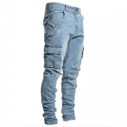 Men Street Elastic Denim Jeans Wash Solid Color Multi Pockets Cargo Pants Casual Slim Fit Daily Wear Joggers Mid Waist Trousers
