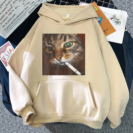 Funny Smoking Cigarette Cat Meme Hoodie Kawaii Funny Women Hoodies Autumn Winter Clothes Aesthetic Sweatshirt Vintage