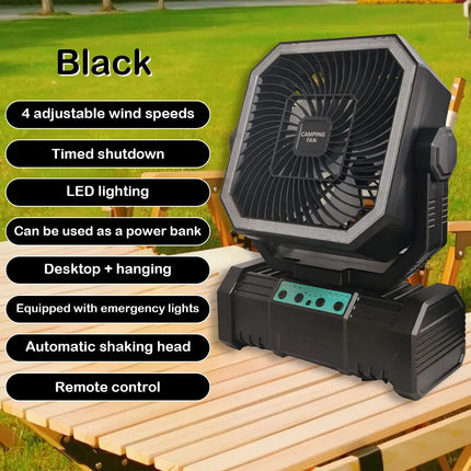 20000 mAh wireless battery-powered camping fan with LED light and remote control, 4 speeds, timer function, USB interface