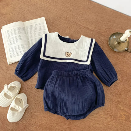 New In Autumn Kids Baby Girls Full Sleeve Naval Leader Bear Top T-shirts+solid Shorts Toddler Infant Cotton Clothing Set 2pcs