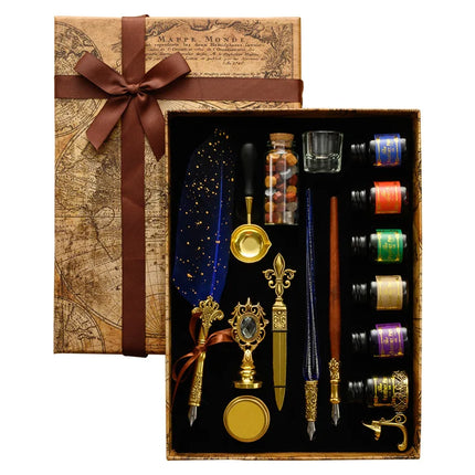 Luxury Fountain Pen Set, Retro Sprinkling Feather Pens Calligraphy Writing Dip Kit with Wax Seal Stamp & Replace Nibs, Gift Box