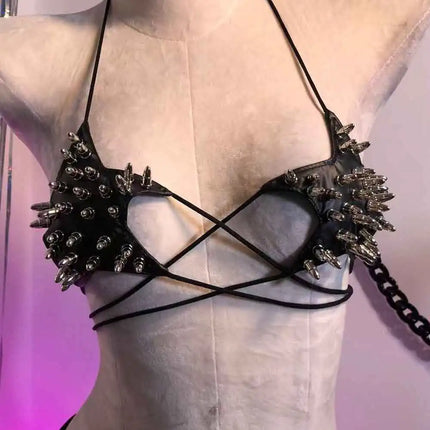 Gothic Emo Punk Women's Spiked Grunge PU Leather Tank Top Y2K Alternative 90s Vkei Studded Cyber Goth T-shirt 2000s ALT Clothing