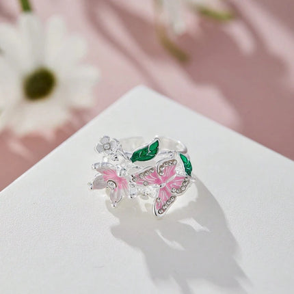 Aesthetic Flower Butterfly Rings for Female Romantic Rhinestone Stylish Non-fading Opening Ring Women Wedding Jewelry Party Gift