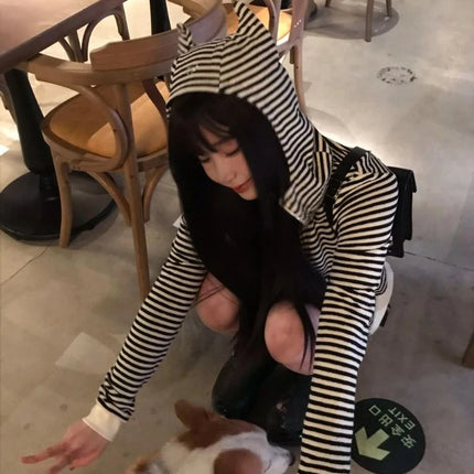 Vintage Sexy Stripe Loose Harajuku Devil's Cape Hooded Hoodies Women Diamond Hoody Y2k Aesthetic Grunge Zipper Sweatshirt Tops
