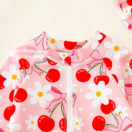 Toddler Girls Long Sleeve Rash Guard Swimsuits with Sun Hat Sets Bow Pattern Zip Up Swimwear Infant Baby Beach Bathing Suits