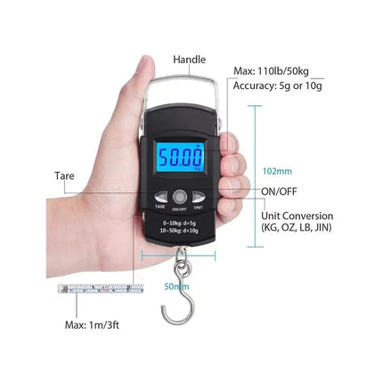 110lb/50kg Electronic Scale Blue Backlight LCD Display with Measuring Rule Tape Balance Digital Fishing Hanging Hook Scale Tool