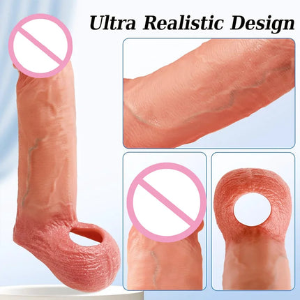 Reusable Realistic Soft Penis Silicone Condom Enlargement Cock Sleeve Extender Dildo Ring to Lock the Sperm Adult Men Sex Toys