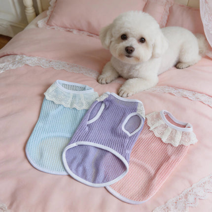 Adorable lace-edged pet tank tops in three colors, cooling mesh for dogs, anti-shedding clothes for cats