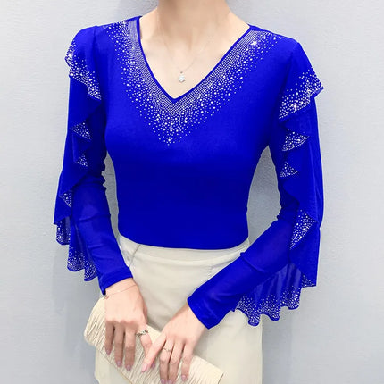 2025 Autumn New Style Mesh Tops Korean Fashion Round Neck Ruffles Shirt Lotus Leaf Edge Hot Diamond Long Sleeve Women T-Shirt