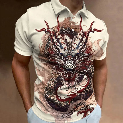 Dragon Pattern Polo Shirt For Men Animal 3D Printed T-Shirts Outdoor Fashion Casual Loose Oversized Street Lapel Top Button Tees