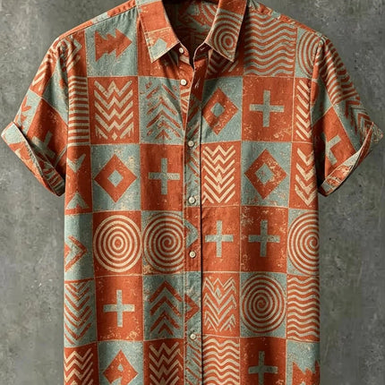 Men's Tribal Portrait Geometric Print Vacation Short Sleeved shirt, For Casual travel, Beach travel, And Ethnic Vacation Style
