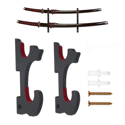 2-tier Wall Mount Wooden Sword Stand Holder Velvet Padded Adjustable Samurai Sword Hook for Tanto Katana Wakizashi Rapier Saber