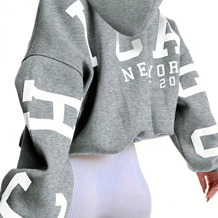 Letter Printed Long Sleeve Hoodie, Ladies Spring Fall Casual Drawstring Sleeve Hooded Regular Fit Drop Shoulder Women's Hoodies