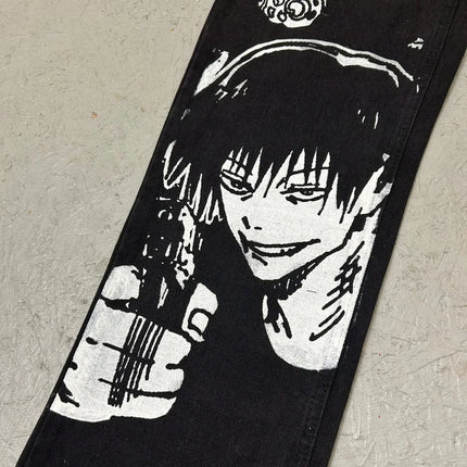 Harajuku anime characters printing jean new wide leg denim pants y2k mens jeans streetwear style couples trouser black jeans