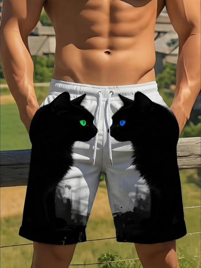 Funny Animal Cat 3D Print Men's Casual Shorts Breathable Drawstring Swim Trunks Cat Pattern Summer Sportswear Shorts Man Clothing
