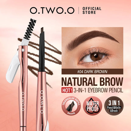 O.TWO.O Eyebrow Pencil 3 in 1 24 Hours Waterproof Long Lasting 4 Colors Brown with Eyebrow Trimmer Cosmetics Makeup Brow Pencil