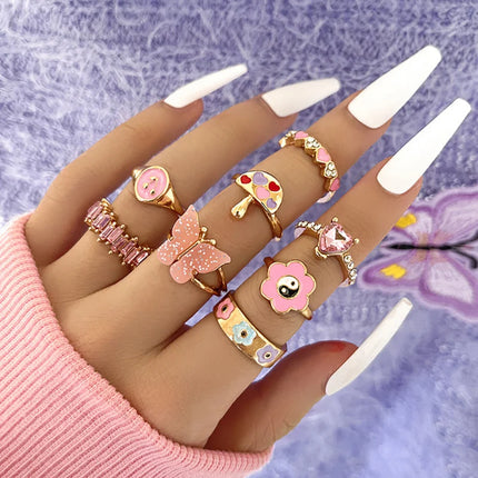 Colorful Enamel Butterfly Kunckle Rings Set For Women Geometric Heart Dollar Sign Finger Ring Girls Summer Fashion Jewelry