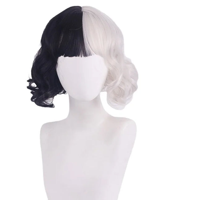 Cosplay Halloween Party Wigs CRUELLA Deville De Vil Black White With Bangs Short Bob Hair for Women Heat-Resistant Synthetic Wig