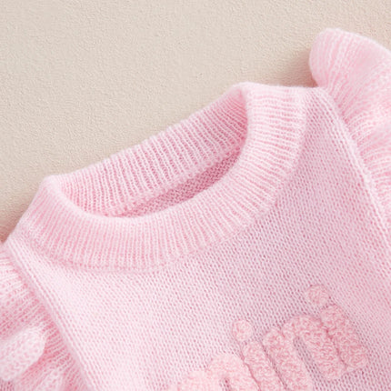 Newborn Baby Girls Knit Sweater Romper Long Flying Sleeve O Neck Mini Letter Embroidery Romper Jumpsuits