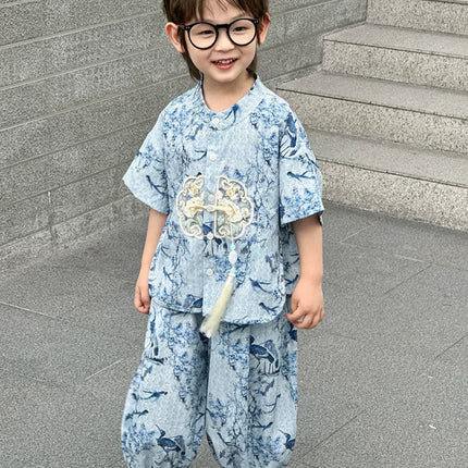 Summer Short Sleeve Two-piece Set Kids Clothes Casual Boy Outfit Baby Tang Style Fashion Children's Sets Hanfu Suit Boys Costume