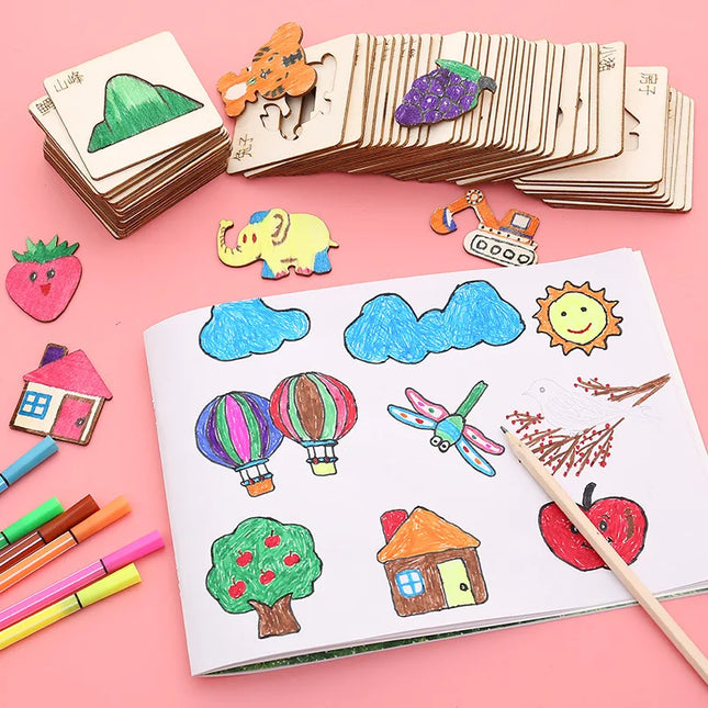 20pcs Montessori Kids Drawing Toys Wooden DIY Painting Stencils Set Craft Toy Coloring Puzzle Educational Toys For Children Gift