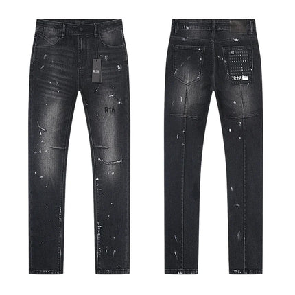 RTA Brand Men's Slim Fit Paint Graffiti Damaged Destroyed Hole Skinny Denim long Trouser Jeans Pants Streetwear
