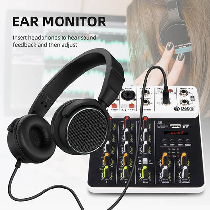 Debra NEW V4 Audio Mixing Console Bluetooth USB Record PC 48V Phantom Power Delay Repaeat Effect 4 Channels USB Audio Mixer.