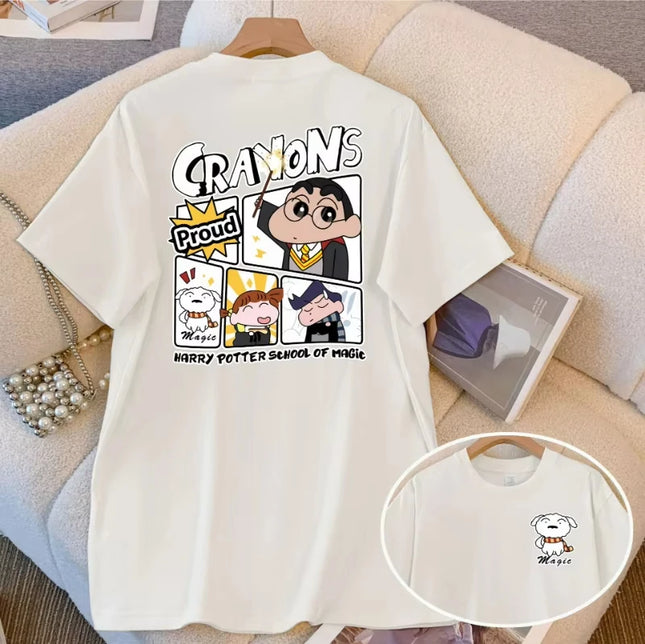 Miniso  Crayon Shin chan T-shirt Women's T-shirt Pattern Cartoon T-shirt Summer Short sleeved Anime Street Top Women's T-shirt