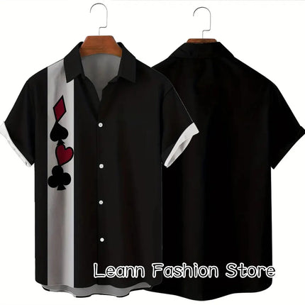 Men's Summer Poker Symbol Stripe Print Shirt Casual Beach Short Sleeve Clothing Male Button Lapel Collar Shirt Fashion Leisurewear