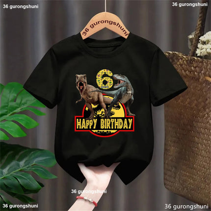 1st/2nd/3rd/4th/5th/6th/7th/8th/9th/10th Happy Birthday Jurassic World Printed Tshirt Girls/Boys Black Dinosaur Kids Clothes