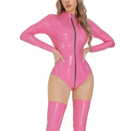Women Sexy Party Skinny Patent Leather Bodysuit Without Trousers Legs Jumpsuit Female Front Zipper Open Crotch Cardigan Rompers