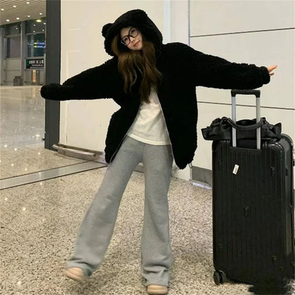 2025 New Cute Girl Little Bear Ears Imitation lamb Wool Zipper Hooded Coat Collection Casual Fashion Versatile Trends Lazy Wind