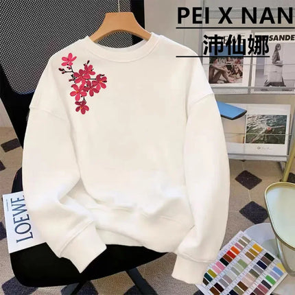 Autumn and Winter Round Neck Sweatshirt Cherry Blossom Print Loose Casual Long Sleeve Pullover
