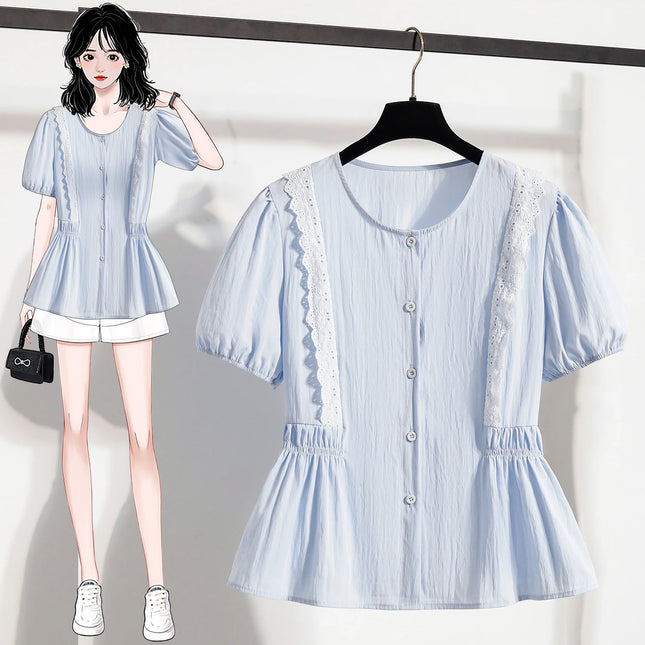 Plus Size Lace Blouse And Shirt Women Summer Blouse Women 2025 New Arrival Short Sleeve O Neck Collar Casual Women's Blouses