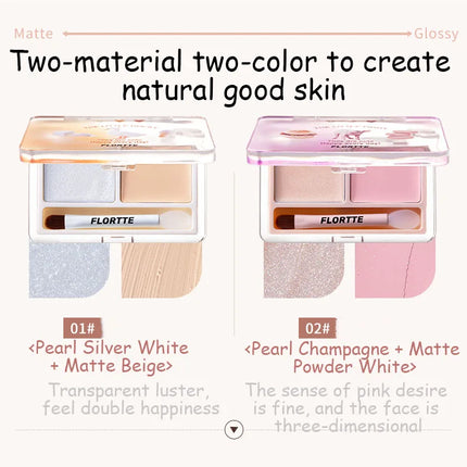 Flortte 2-color Double Texture Cream Highlighter Powder Matte Glossy Diamond Glitter Contour Brighten Palette Face Makeup Beauty