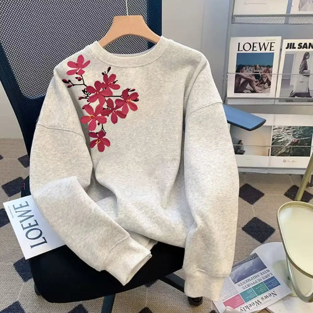 Autumn and Winter Round Neck Sweatshirt Cherry Blossom Print Loose Casual Long Sleeve Pullover