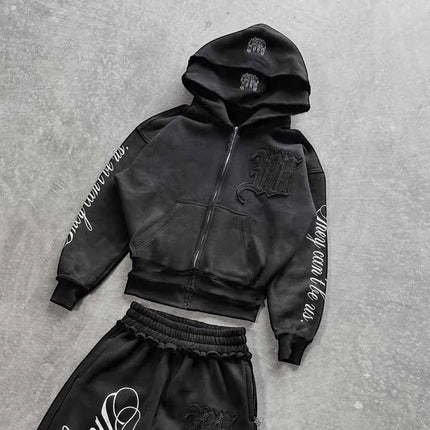 Trendy Creative Applique Letter Print Double Hat Design Zippered Hoodie Loose Casual Couple Straight Leg Sweatpants
