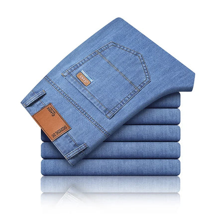2026 New Ice Silk Thin Denim Jeans For Men Blue Straight Stretch Cotton Pants Business Casual Lightweight Trousers Spring Summer