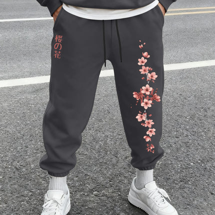 Men's Harajuku Sakura Cherry Blossom Japanese Kanji Print Sweatpants Elastic Waist Soft Daily Street Hip Hop Joggers