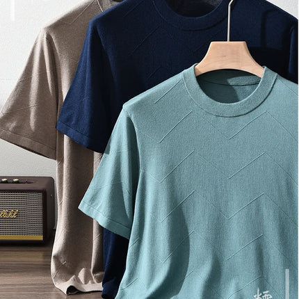 85% Silk + 15% Cashmere Men's T-shirt Casual Solid Color Knitted Pullover Short-Sleeved Round Neck Tees Basic Tops