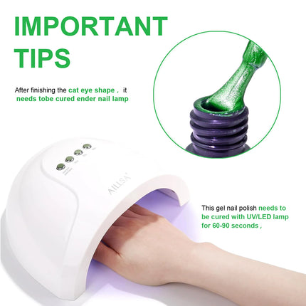 Green Cat Eye Gel Polish – Glossy Magnetic Gel Nail Polish with Holographic 9D Cat Eye Effect, Long-Lasting Soak Off UV LED Gel