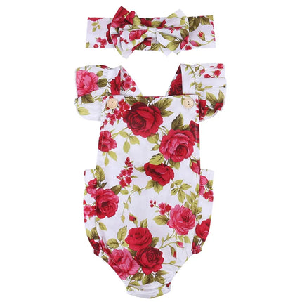 0-24months Toddler Girls Ruffle Sleeveless Romper Summer Floral Square Collar Button Baby Girls Bodysuit + Headband